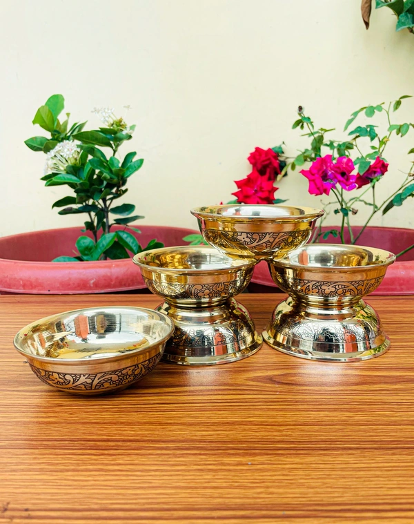 VIKRAM METAL  Brass Emboss katori set of 6 - 1.5 INCH X 3.9 INCH, GOLDEN, 150 ml