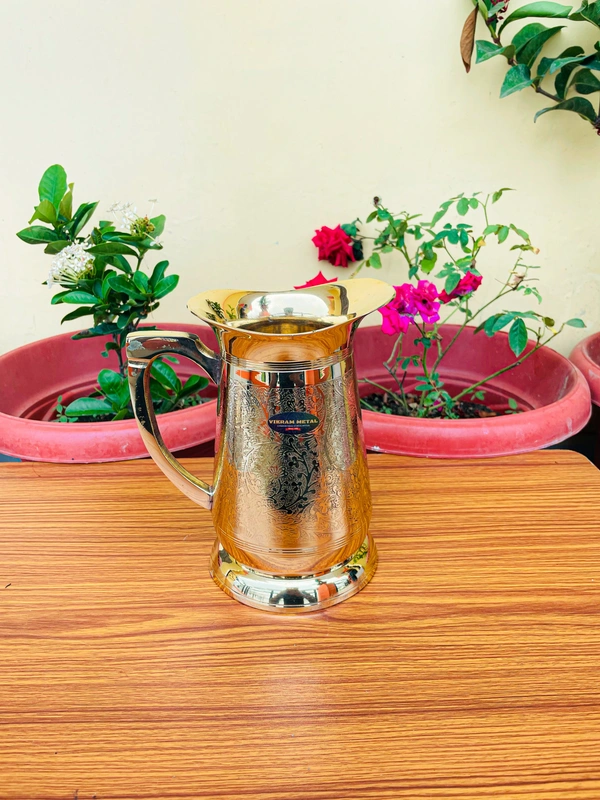 VIKRAM METAL  Brass Embossed Engraved Design jug  - 7 INCH, GOLDEN, 1500 ML
