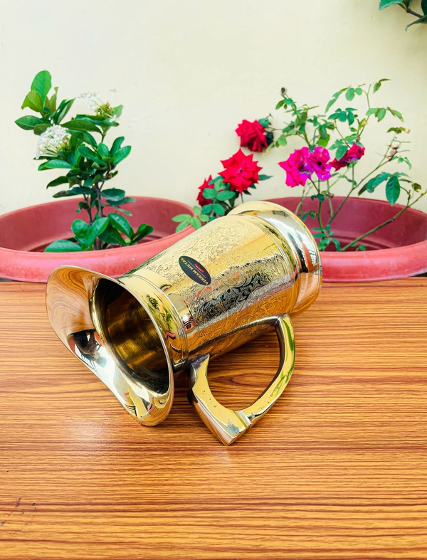VIKRAM METAL  Brass Embossed Engraved Design jug  - 7 INCH, GOLDEN, 1500 ML