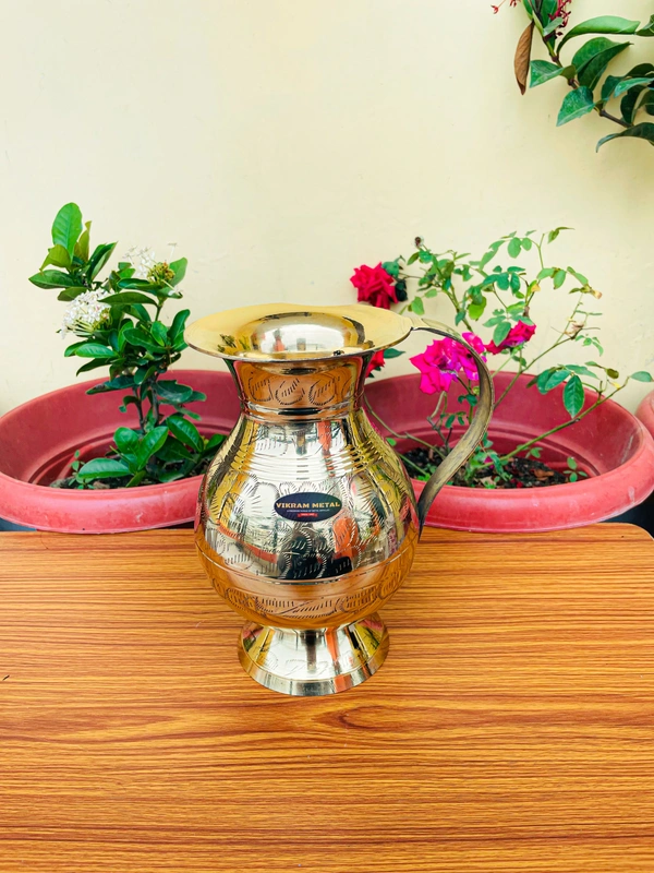VIKRAM METAL  Brass Embossed Engraved Design jug  - 8.5 INCH, GOLDEN, 1500 ML
