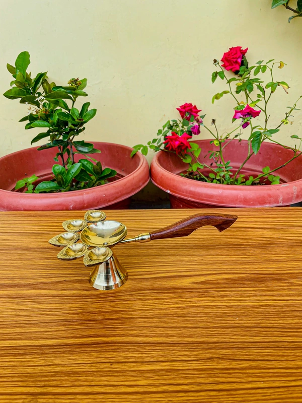 VIKRAM METAL  Brass Panch Arti with wooden handle  - 3X9 INCH