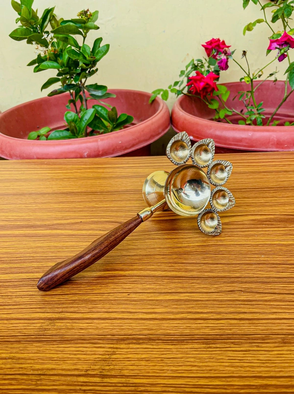 VIKRAM METAL  Brass Panch Arti with wooden handle  - 3X9 INCH