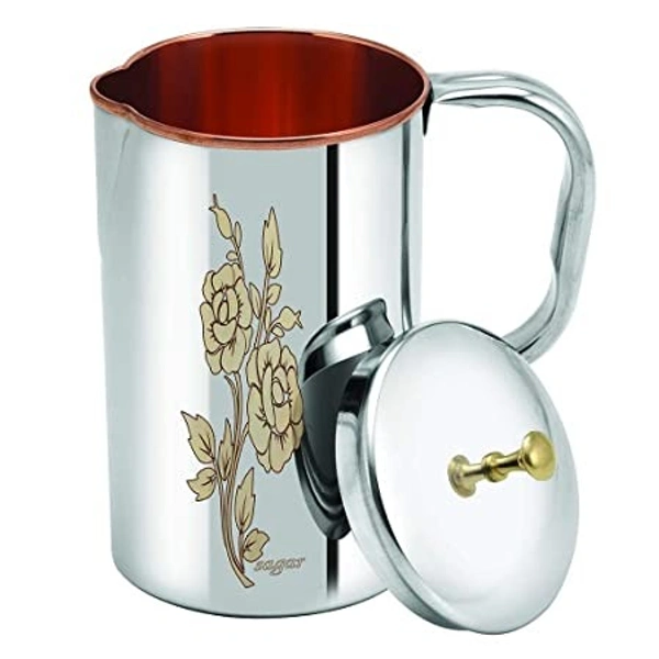 VIKRAM METAL  Flower Print Stainless Steel Embodied Copper water  Jug - 9.5 INCH, 1500 ML