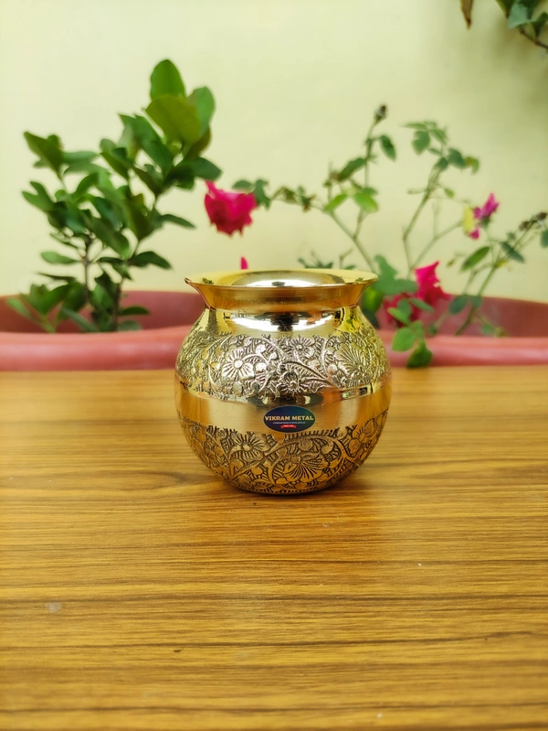 VIKRAM METAL  Brass Embossed Lota  - 3.4 INCH, GOLDEN, 350 ML