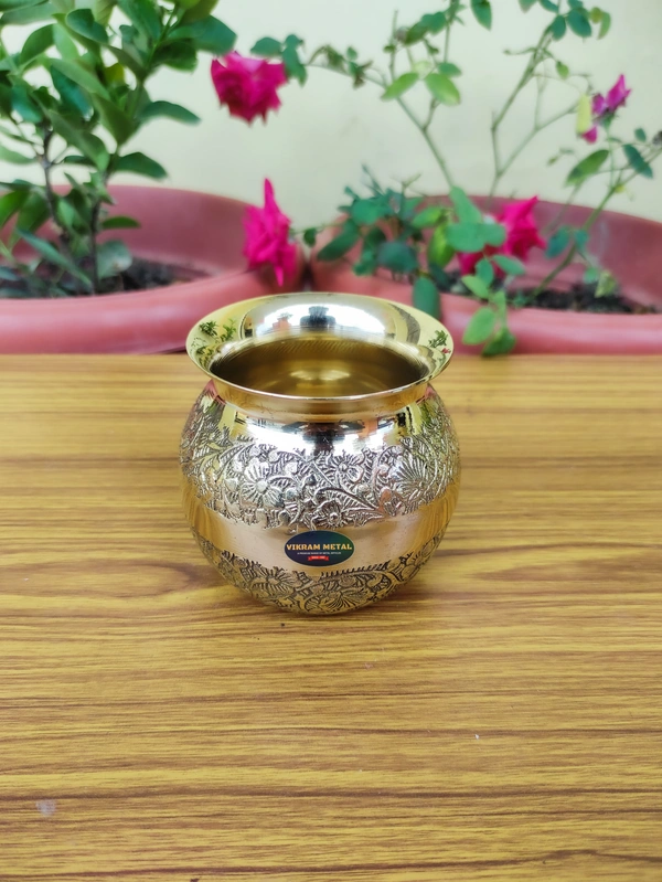 VIKRAM METAL  Brass Embossed Lota  - 3.4 INCH, GOLDEN, 350 ML