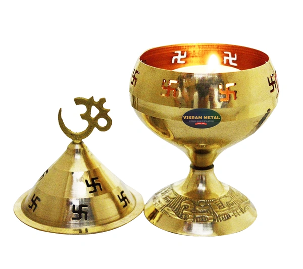 VIKRAM METAL  Brass om Jali Akhand Diya - 3 NO., GOLDEN