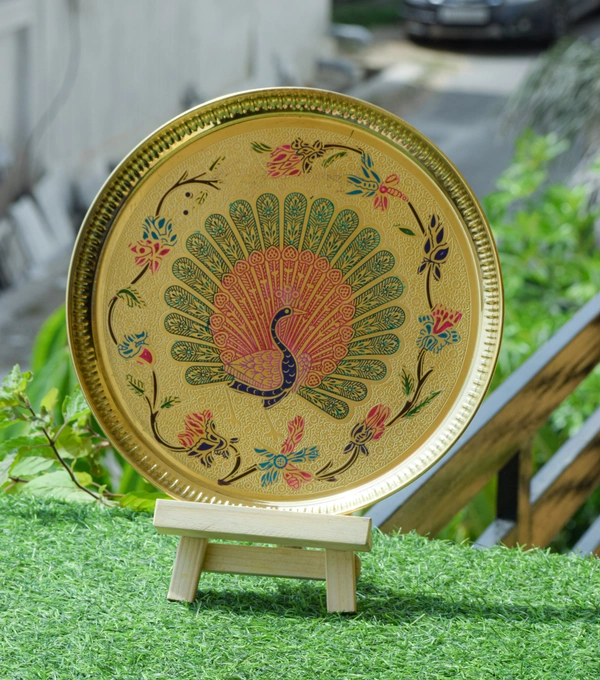 VIKRAM METAL  Brass colour plate (Engraved Printed Peacock Design) - 12 INCH