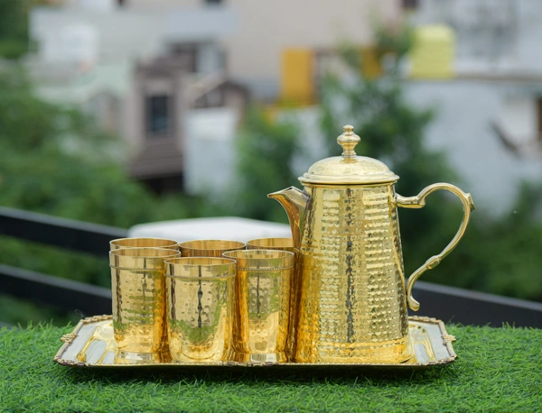 VIKRAM METAL  Brass hammered jug,glass,tray set  - GOLDEN, GLASS - 300ML