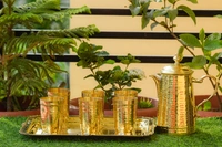 VIKRAM METAL  Brass hammered jug,glass,tray set  - GOLDEN, GLASS - 300ML