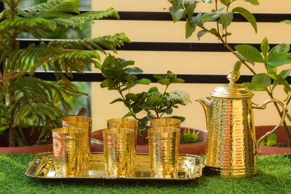 VIKRAM METAL  Brass hammered jug,glass,tray set  - GOLDEN, GLASS - 300ML