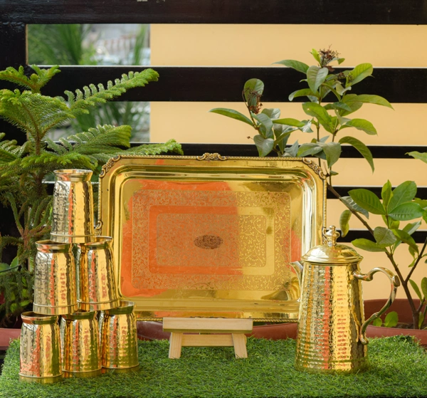 VIKRAM METAL  Brass hammered jug,glass,tray set  - GOLDEN, GLASS - 300ML