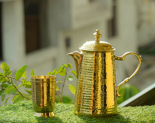 VIKRAM METAL  Brass hammered jug,glass,tray set  - GOLDEN, GLASS - 300ML