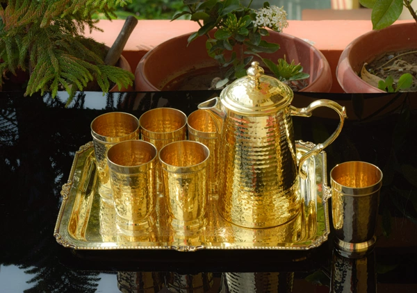 VIKRAM METAL  Brass hammered jug,glass,tray set  - GOLDEN, GLASS - 300ML