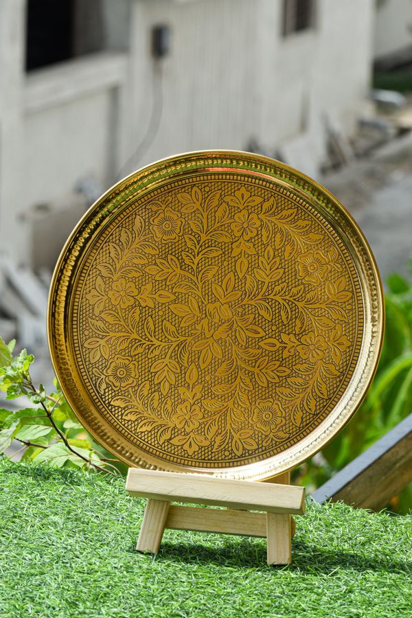 VIKRAM METAL  Brass Emboss Round Plate with flower emboss print  - 10 INCH, GOLDEN