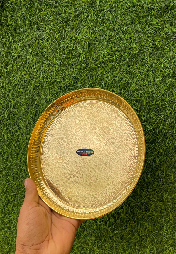 VIKRAM METAL  Brass Emboss Round Plate with flower emboss print  - 13 INCH, GOLDEN