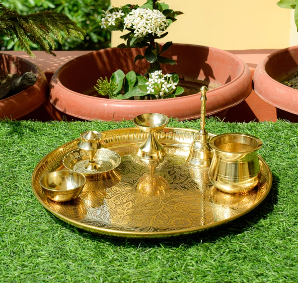VIKRAM METAL  Brass embossed design pooja thali set - 11INCH, GOLDEN