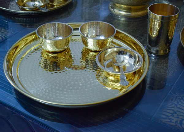 VIKRAM METAL  Brass hammered luxury dinner set  - 12 INCH, GOLDEN, SINGLE SET
