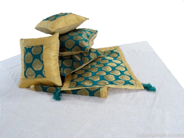 Doppelganger Homes 5 Pcs Bed Runner Set  Brocade Silk Golden Zari Flower
