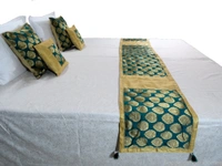 Doppelganger Homes 5 Pcs Bed Runner Set  Brocade Silk Golden Zari Flower
