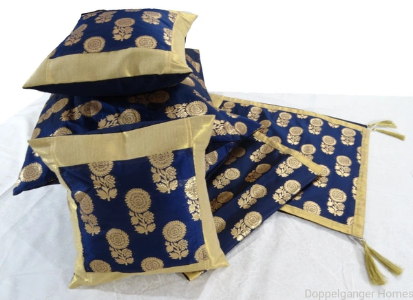 Doppelganger Homes Golden Zari Floral Brocade Silk Bed Runner Set