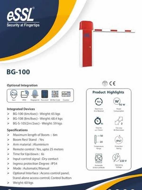 Essl BOOM BARRIER - BG-100 GREY - BOOM BARRIER - BG-100 GREYCategory:Boom BarrierFeatures:Maximum length of Boom : 6m,Boom Rest Stand 