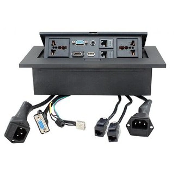 Kingsvision SuperShopperIndia Hydraulic Pop Up Box/Cable Cubby with HDMI, Audio, LAN and Power Ports - Low profile design with tilt up lidButton to open hyraulic lidCompletely flat top when closedArchite