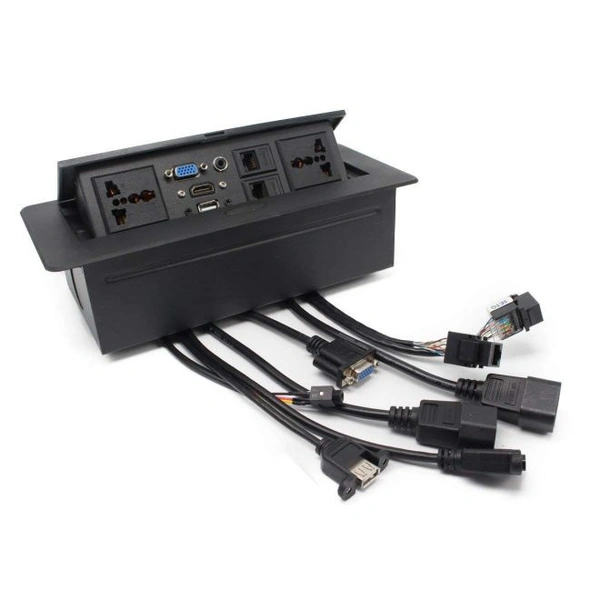 Kingsvision SuperShopperIndia Hydraulic Pop Up Box/Cable Cubby with HDMI, Audio, LAN and Power Ports - Low profile design with tilt up lidButton to open hyraulic lidCompletely flat top when closedArchite