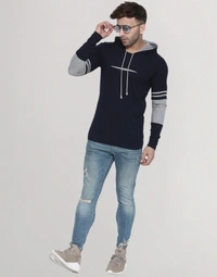 HELMONT Color Block Men Hooded Neck Blue T-Shirt - Blue, S M L XL