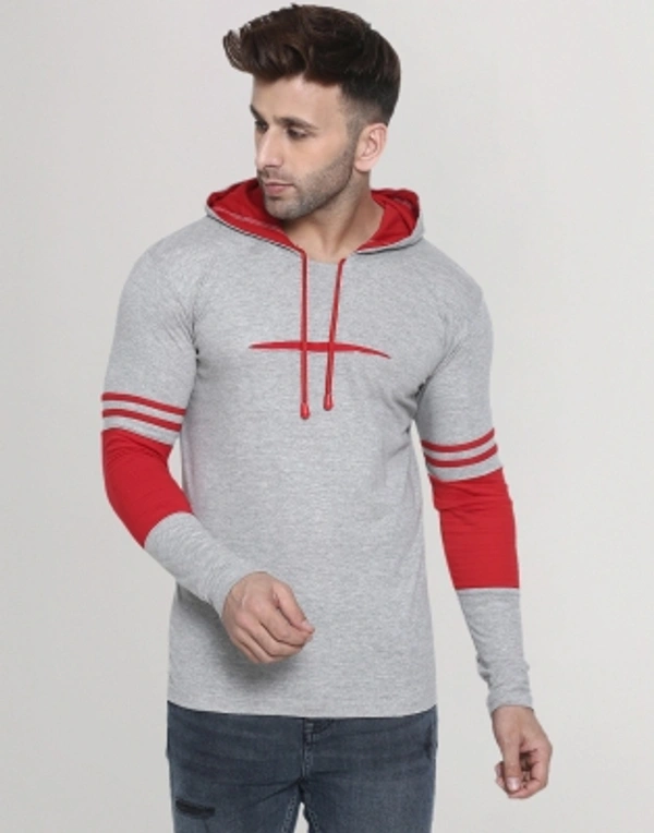 HELMONT Color Block Men Hooded Neck Blue T-Shirt - Gray Red, S M L XL