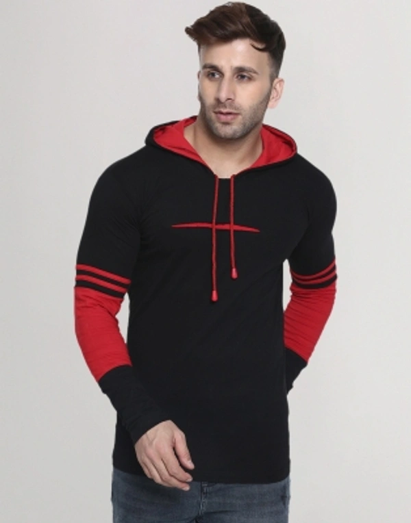 HELMONT Color Block Men Hooded Neck Blue T-Shirt - Red Black, S M L XL