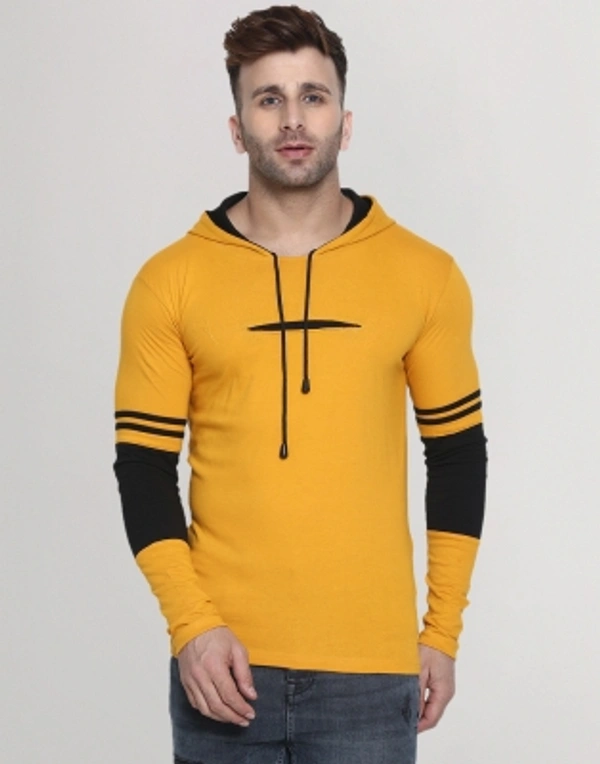 HELMONT Color Block Men Hooded Neck Blue T-Shirt - Yellow Black, S M L XL