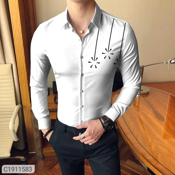 polycotton printed full Sleeves slim fit Casual shirt - white, M L XL