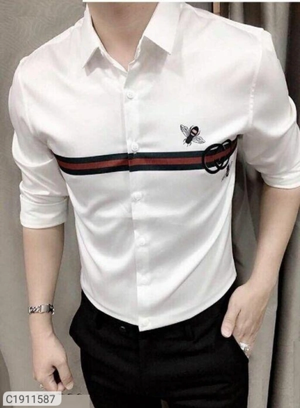 polycotton printed full Sleeves slim fit Casual shirt - white, M L XL