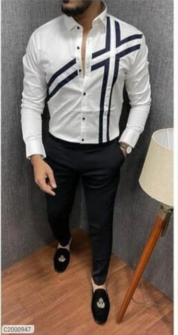 poly cotton solid with stripes full sleeves Casual shirt  - white, M L XL