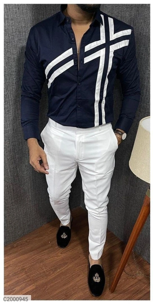 poly cotton solid with stripes full sleeves Casual shirt  - white, M L XL