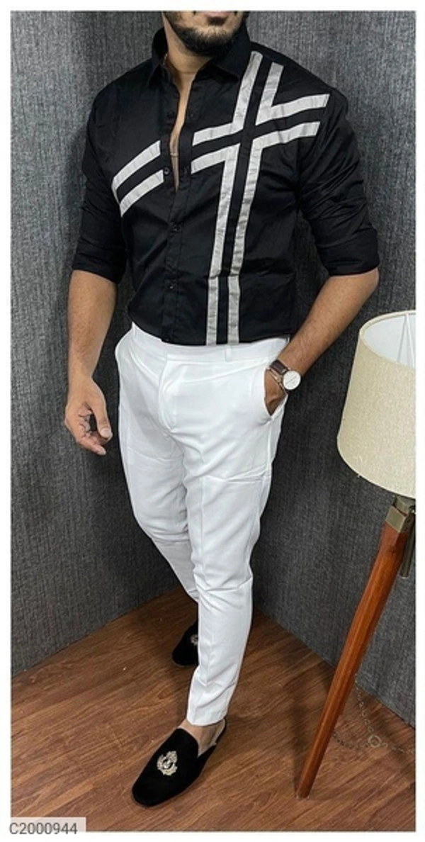 poly cotton solid with stripes full sleeves Casual shirt  - white, M L XL