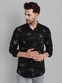 Majestic Man Men Printed Casual Black Shirt - black, M L XL