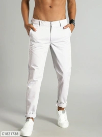 Catalog Name:* Cotton Solid Slimt Fit Casual Trouser - White, 28 30 32 34