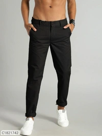 Catalog Name:* Cotton Solid Slimt Fit Casual Trouser - Black, 28 30 32 34