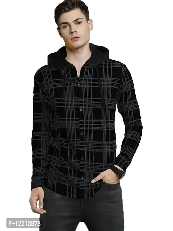 LEWEL Men's Hooded Stylish Checkered Full Sleeve Shirt (Black, Medium) - M, Tundora