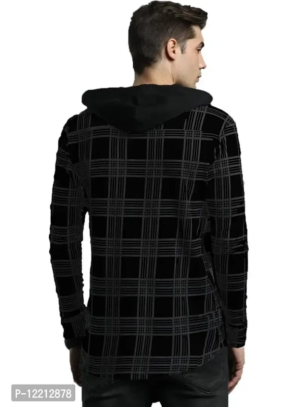 LEWEL Men's Hooded Stylish Checkered Full Sleeve Shirt (Black, Medium) - M, Tundora