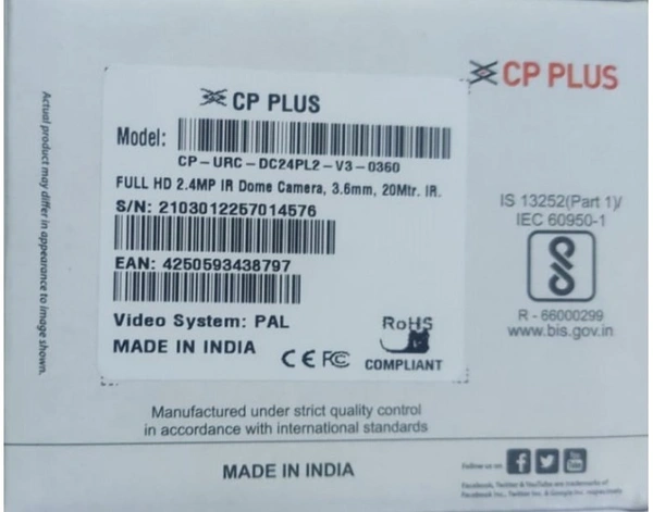 CPPLUS ECO LITE DOME 2.4MP (DC24PL2) 3.6MM