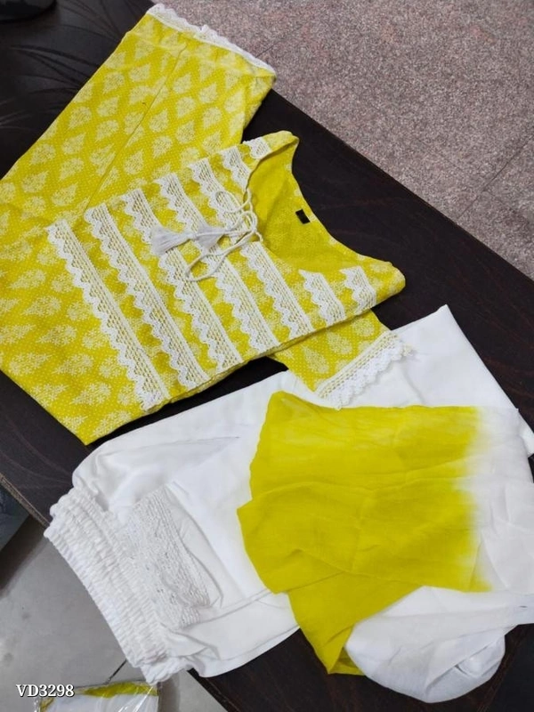 New Jaipuri Kurti With Pant Dupatta 3 Piece Full Set* - XL, Yellow π