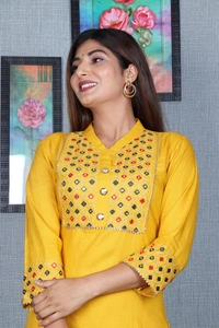 Beautiful Heavy Embroidery kurti with pant And beautiful matching Embroidery Bag 3 piece set - Yellow, L