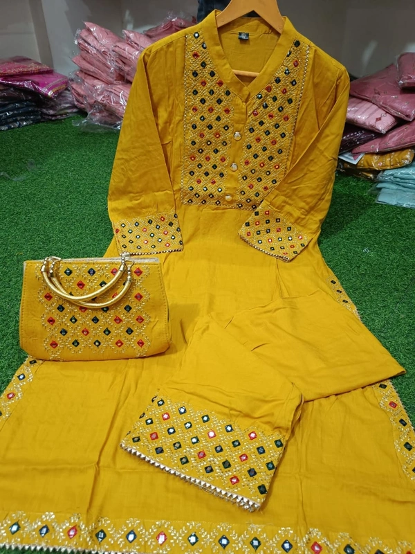 Beautiful Heavy Embroidery kurti with pant And beautiful matching Embroidery Bag 3 piece set - Yellow, L