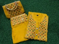 Beautiful Heavy Embroidery kurti with pant And beautiful matching Embroidery Bag 3 piece set - Yellow, L
