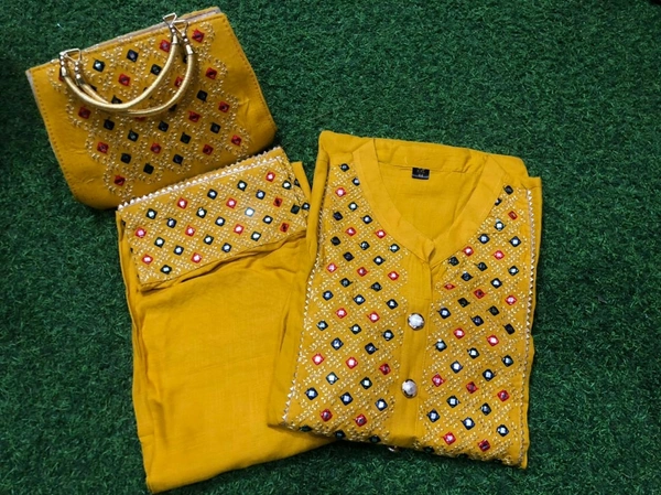 Beautiful Heavy Embroidery kurti with pant And beautiful matching Embroidery Bag 3 piece set - Yellow, L