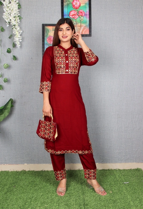 Beautiful Heavy Embroidery kurti with pant And beautiful matching Embroidery Bag 3 piece set - Maroon, L