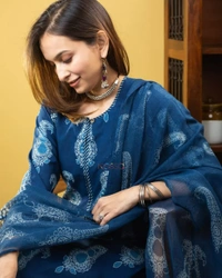 BLUE PROCEEN PRINT DESIGN KURTIES WITH PLAZZO AND DUPATTA SET - XXL