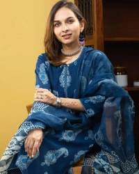 BLUE PROCEEN PRINT DESIGN KURTIES WITH PLAZZO AND DUPATTA SET - XXL